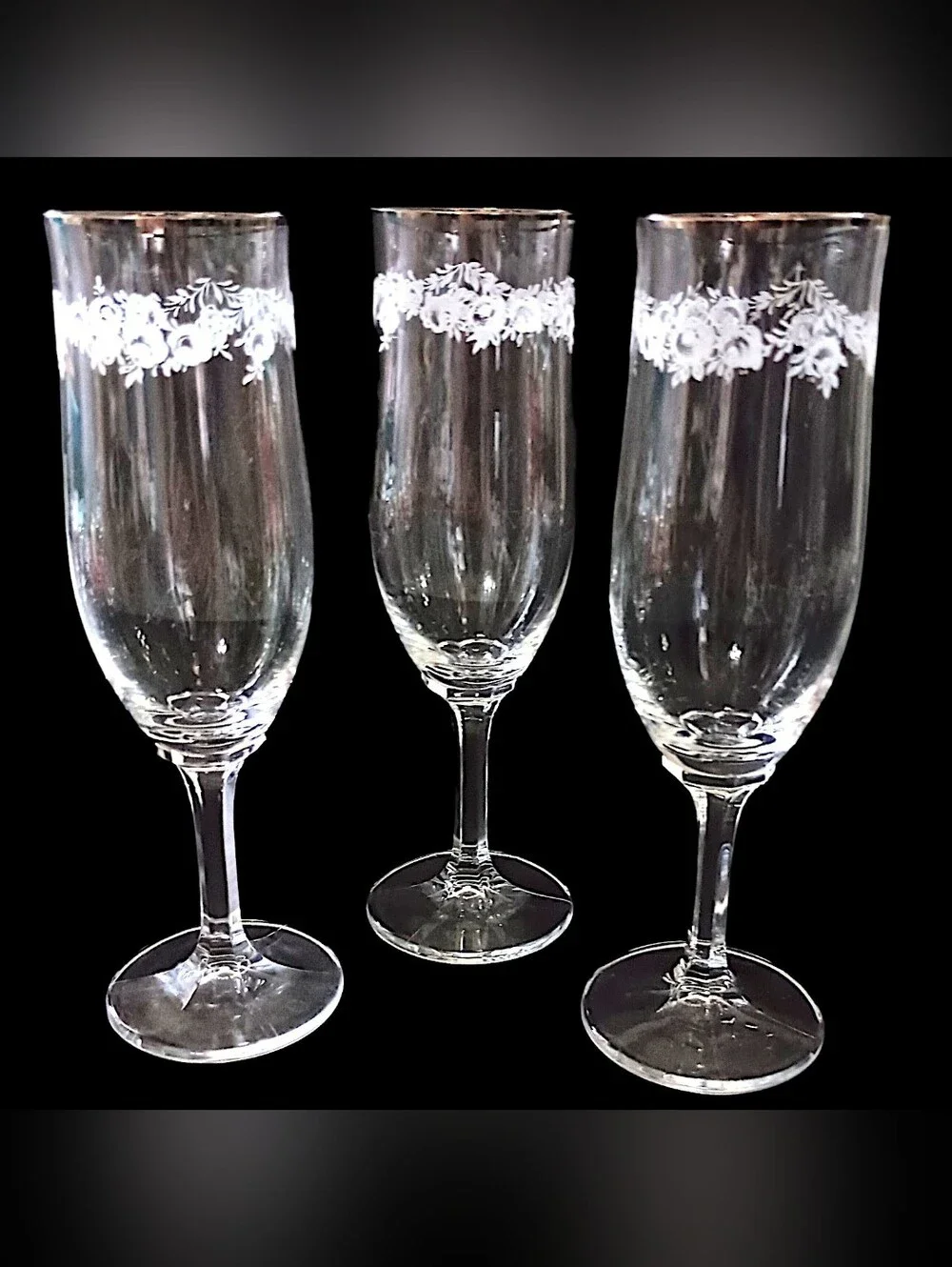 3 Johann Haviland Sweetheart Rose Champagne Flutes Crystal Vtg Floral Stemware